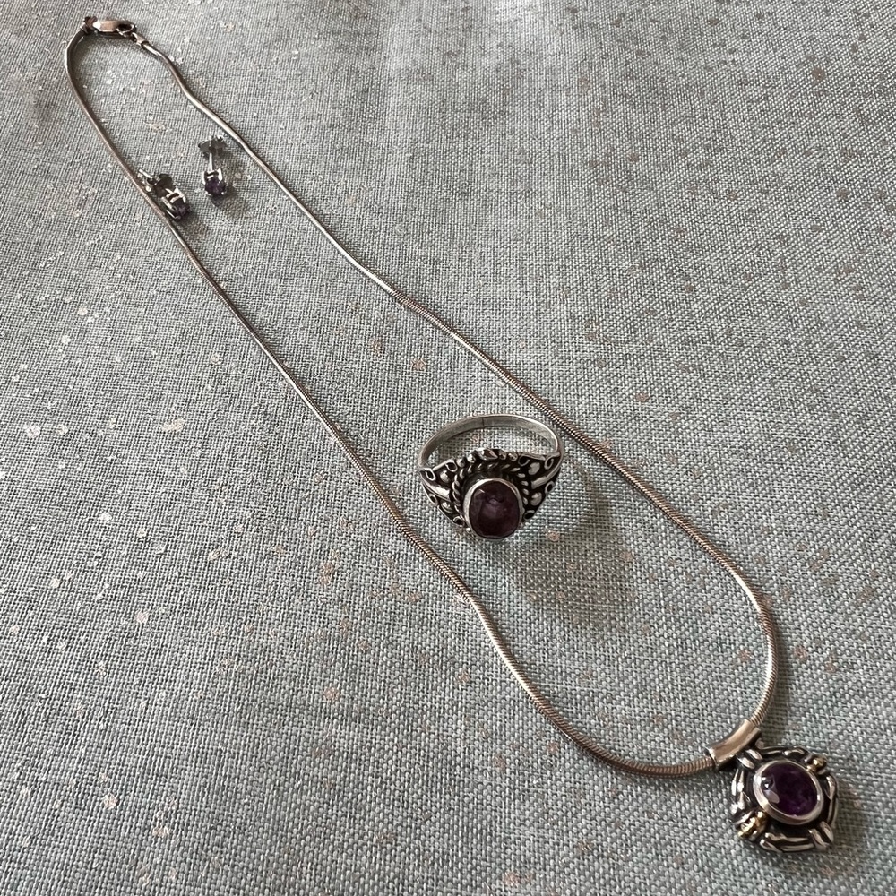 Vintage Silpada necklace and ring set w Amethyst